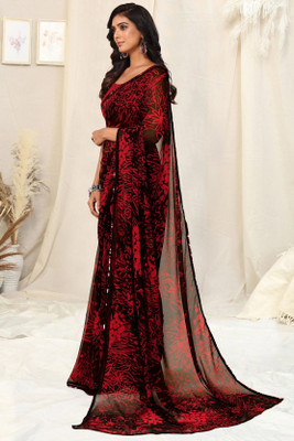 MIRCHI FASHION Printed, Floral Print Daily Wear Georgette Saree(Black, Red)