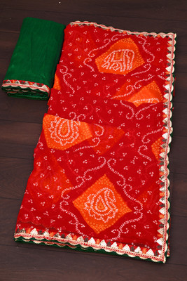 ASTEYAM Printed Bandhani Georgette Saree(Red)