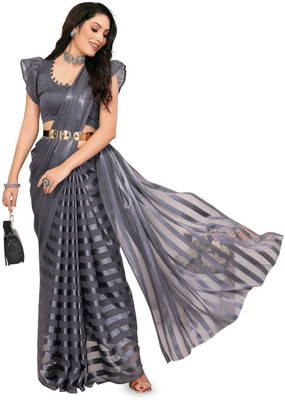 Moda Rapido Striped, Self Design Daily Wear Satin Saree(Grey)
