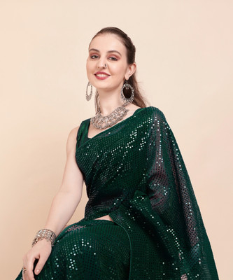 Clemira Checkered, Embellished Bollywood Georgette Saree(Green)