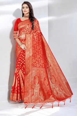 Pikham Self Design Banarasi Art Silk Saree(Red)