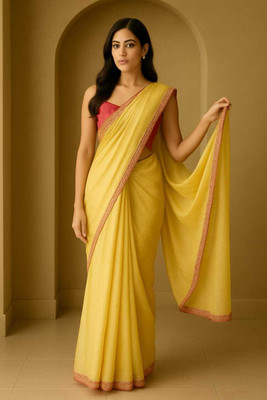 vibhuti fab Solid/Plain Bollywood Silk Blend Saree(Yellow)