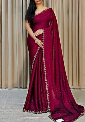 CaniBani Embellished, Solid/Plain, Self Design Bollywood Georgette Saree(Red)