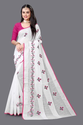 CHITRA FASHION Embroidered Bollywood Linen Saree(White, Pink)