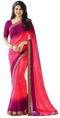 RAJESHWAR FASHION Printed Bandhani Georgette Saree(Purple, Orange)