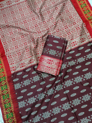 Arzoo kala textiles Temple Border, Woven Sambalpuri Art Silk Saree(Brown)