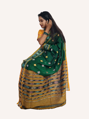 DN FASHION Embroidered Handloom Pure Cotton Saree(Green, Yellow)