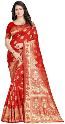 SNH EXPORT Floral Print Banarasi Pure Silk Saree(Red)