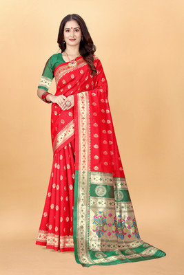DHAYNAAND REEWA FASHION Woven Kanjivaram Jacquard, Tussar Silk Saree(Red)