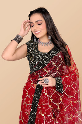 Raquel Embroidered Bollywood Net Saree(Red)