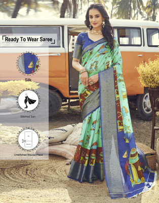 Samah Woven, Printed Madhubani Silk Blend Saree(Blue, Multicolor)