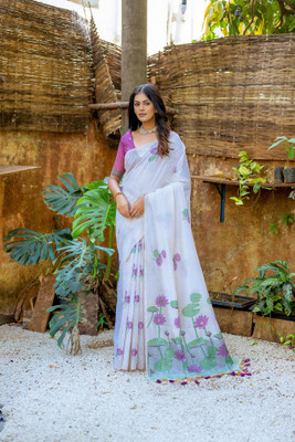 PeachPetals Printed, Floral Print Daily Wear Cotton Silk Saree(Purple)