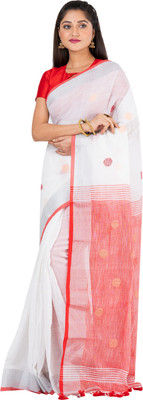SAYAN CREATION Self Design Handloom Pure Cotton Saree(White)