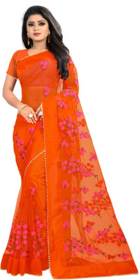 TEZMARK Floral Print Bollywood Net Saree(Orange)