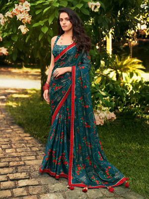 BLEESBURY Printed, Color Block, Digital Print, Embellished, Self Design Bollywood Chiffon Saree(Light Blue)