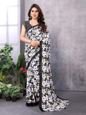 HouseOfCommon Floral Print Bollywood Georgette Saree(Black, White, Green)