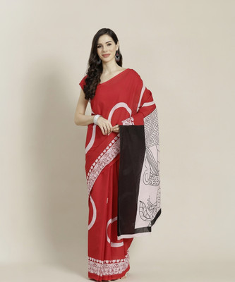 DASTKARPRINT Printed, Color Block, Blocked Printed, Floral Print, Dyed Daily Wear Pure Cotton Saree(Red)