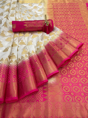 GajGajra Printed Arani Pattu Cotton Silk Saree(White, Pink)