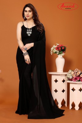 Anand Sarees Solid/Plain Bollywood Georgette, Chiffon Saree(Black)