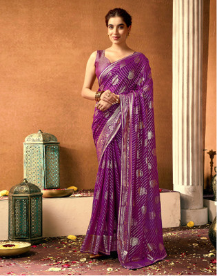 Samah Printed, Temple Border, Embellished Bollywood Georgette Saree(Purple)