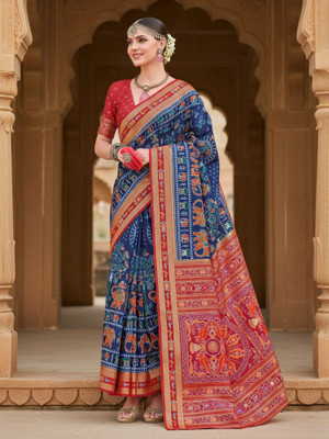 all about you Printed Patola Silk Blend Saree(Dark Blue)
