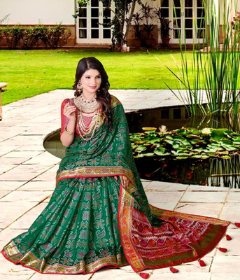 jayant creation Printed Bollywood Silk Blend Saree(Green, Red)
