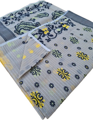 Dristikone Woven Jamdani Pure Cotton Saree(Grey, Black)