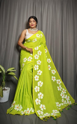 bassu store Printed Sharara Saree Pure Cotton Saree(Light Green)