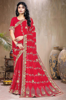Bhojal Creation Embroidered, Embellished Bollywood Georgette Saree(Red)