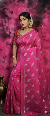 KUTTUS CREATIONS Embellished Bollywood Cotton Blend Saree(Pink)