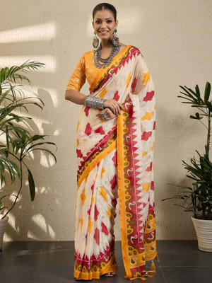 Divastri Floral Print Pochampally Georgette Saree(Cream)
