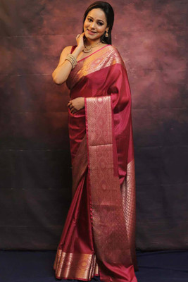 Peachmode Woven Banarasi Silk Blend Saree(Maroon)