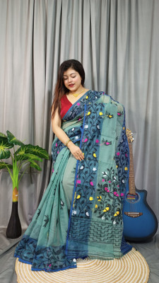 Lakshmi Boutique Animal Print Jamdani Cotton Silk Saree(Green, Yellow)