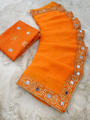 PRETTYAGE Embellished, Solid/Plain Banarasi Georgette Saree(Orange)