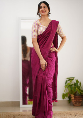 VERVE Solid/Plain Handloom Cotton Blend Saree(Pink)