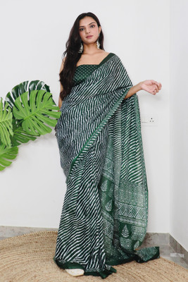 PANZORA Printed Leheria Cotton Blend Saree(Green)
