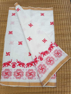 Priyongboda Printed Jamdani Handloom Cotton Blend Saree(White, Red)