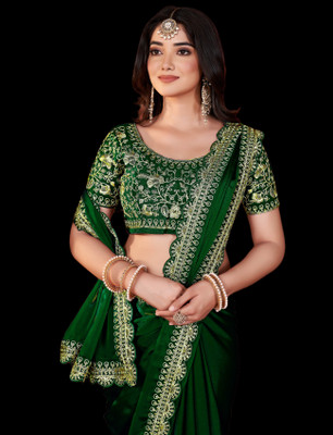 Vivan Fab Embellished Banarasi Silk Blend Saree(Green)