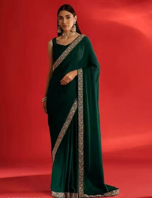 Rj Febric Solid/Plain, Embroidered, Embellished, Floral Print Hand Batik Silk Blend Saree(Green)