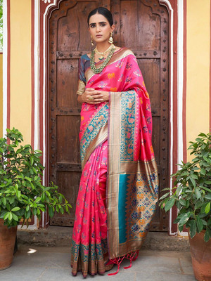 Janasya Woven Paithani Silk Blend Saree(Pink)