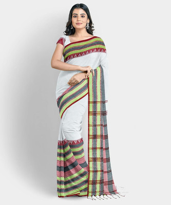 SSK Striped, Checkered, Temple Border Bollywood Handloom Pure Cotton Saree(White)