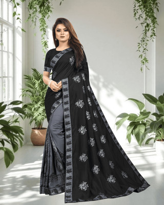 SHOBHTESH Embroidered Venkatagiri Silk Blend, Net Saree(Black, Grey)