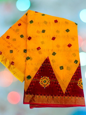 KRISHNA NX Printed Bandhani Pure Cotton Saree(Gold)