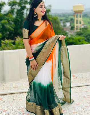 KOTHARI AF Solid/Plain Bandhani Organza Saree(Multicolor)