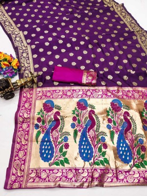 signagraph Woven, Animal Print Paithani Pure Silk Saree(Purple)