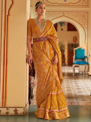 ANOUK Printed Ikkat Silk Blend Saree(Yellow)