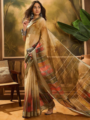 Kshetrapal sarees Striped, Printed, Woven, Digital Print Bollywood Cotton Linen Saree(Multicolor)