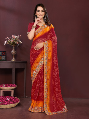 SareezaaStore Printed Bandhani Georgette Saree(Maroon)