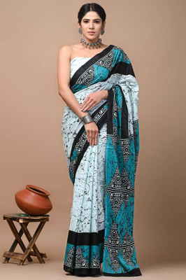 RAMNATHS Printed, Color Block, Blocked Printed Ikkat Viscose Rayon Saree(Light Blue)