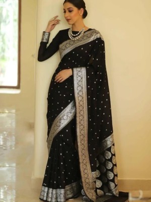 Jialin Printed Bollywood Jacquard, Pure Silk Saree(Black)